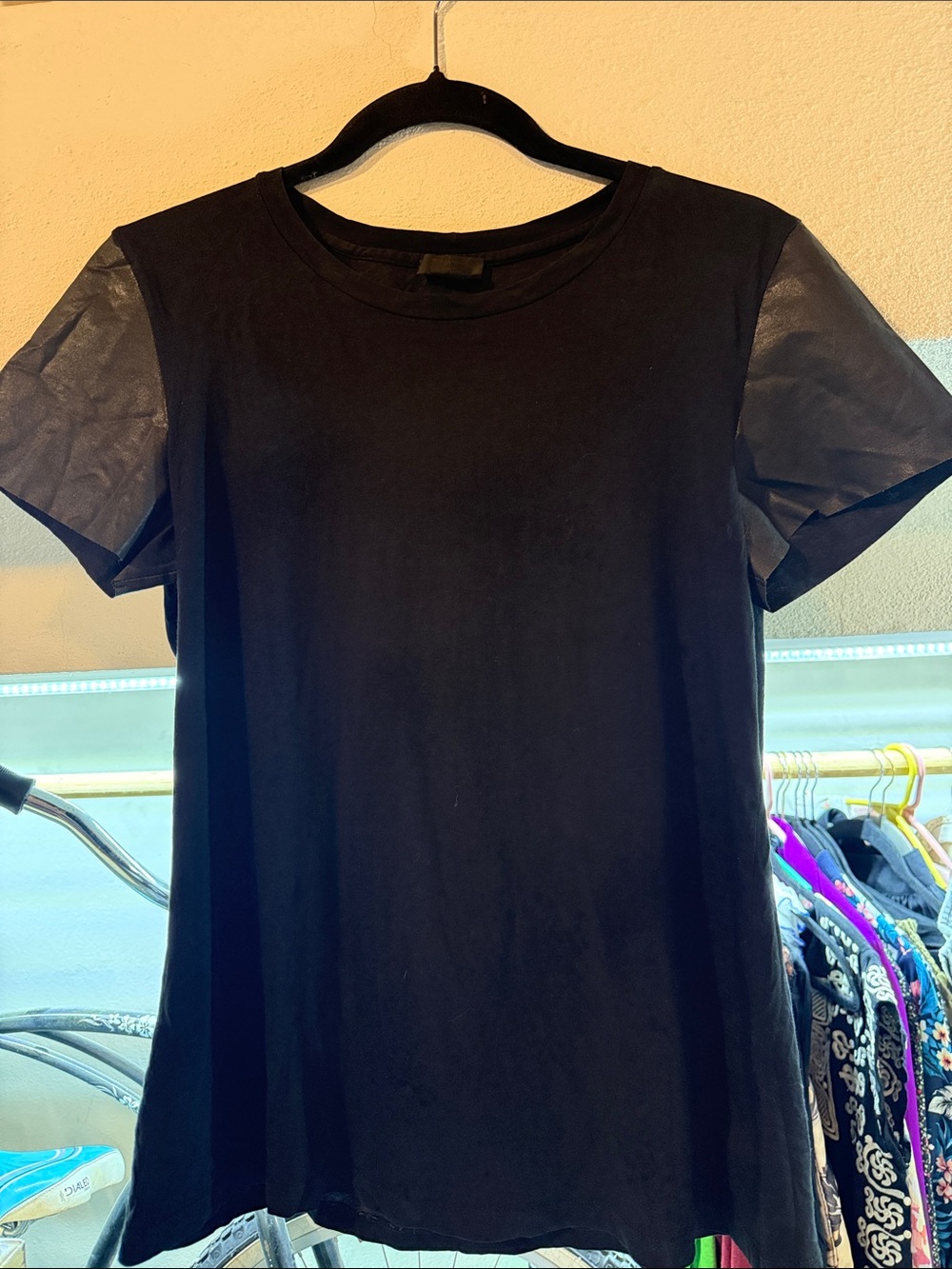 Theory Black Short-Sleeve Tee with Faux Leather Sleeves